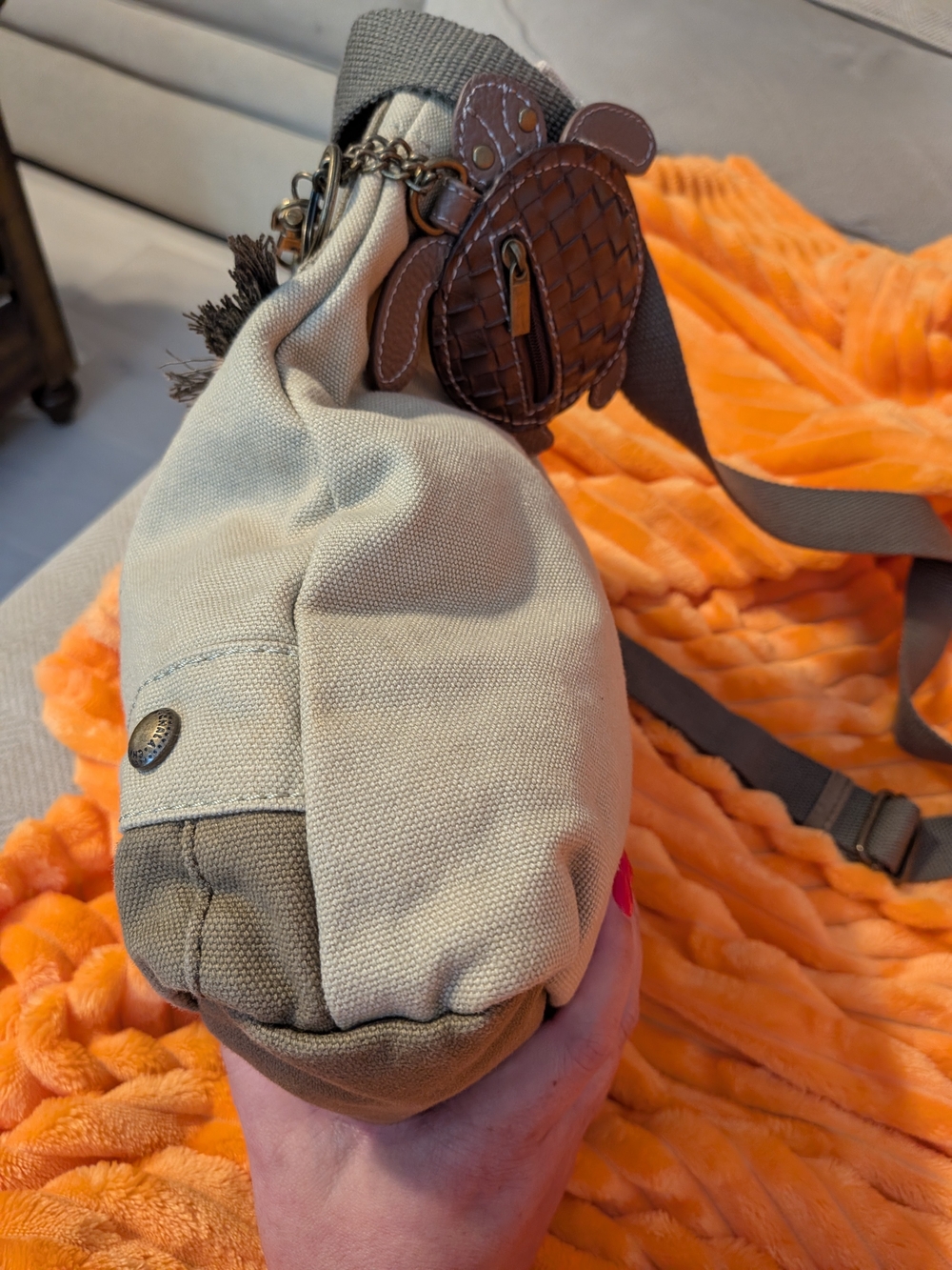 Chala Beige and Brown Crossbody Shoulder Bag with Turtle Charm - Picture 6 of 8